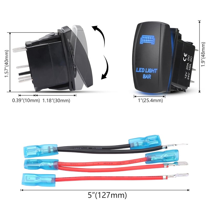 Weasch LED Light Bar Rocker Switch, Laser On/Off SPST 5Pin Waterproof, 20A/12V 10A/24V, with Jumper Wires for Automotive Marine Truck Jeep, Blue - Image 5